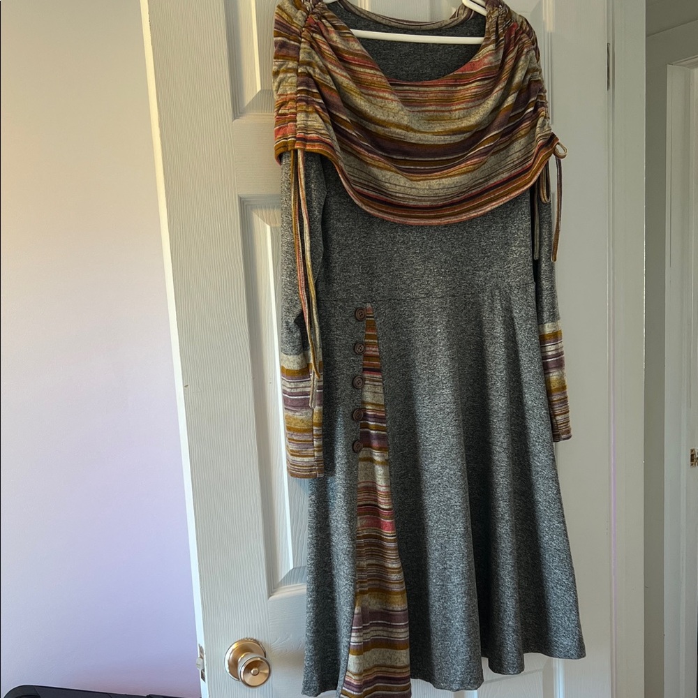 Gray Dress with Multicolor Striped Accents